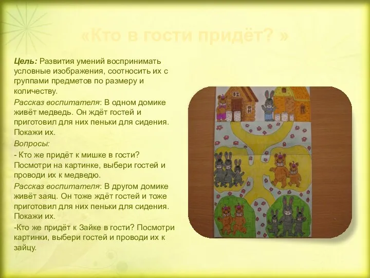 «Кто в гости придёт? » Цель: Развития умений воспринимать условные изображения, соотносить их