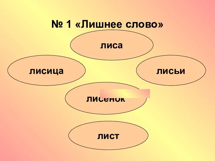 № 1 «Лишнее слово» лисица лист лисенок лисьи лиса