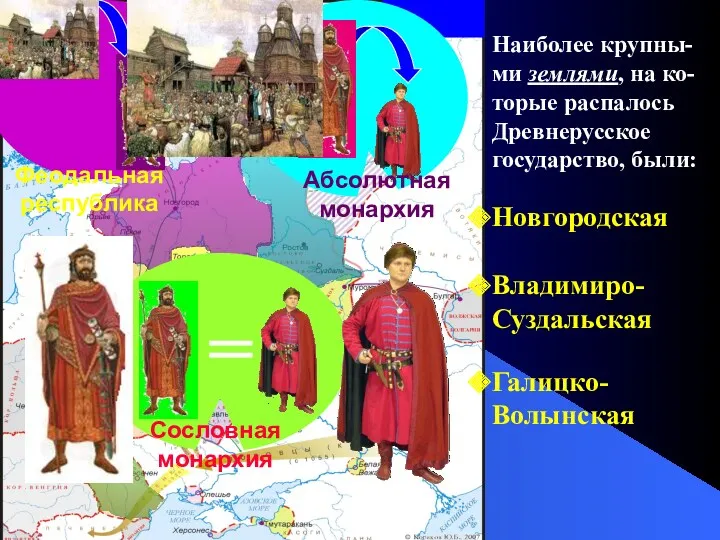 Наиболее крупны-ми землями, на ко-торые распалось Древнерусское государство, были: Новгородская