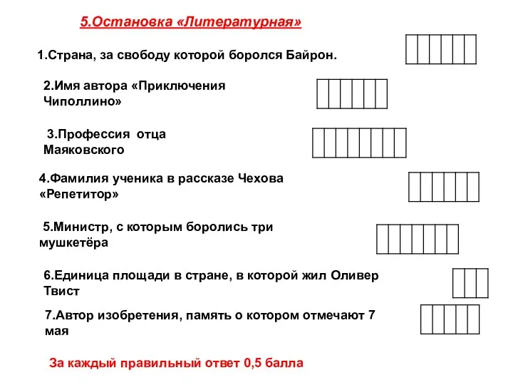 5.Остановка «Литературная» 1.Страна, за свободу которой боролся Байрон. 2.Имя автора