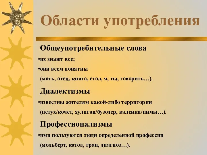 Области употребления Общеупотребительные слова их знают все; они всем понятны