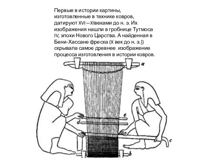 Первые в истории картины, изготовленные в технике ковров, датируют XVI—XIвеками