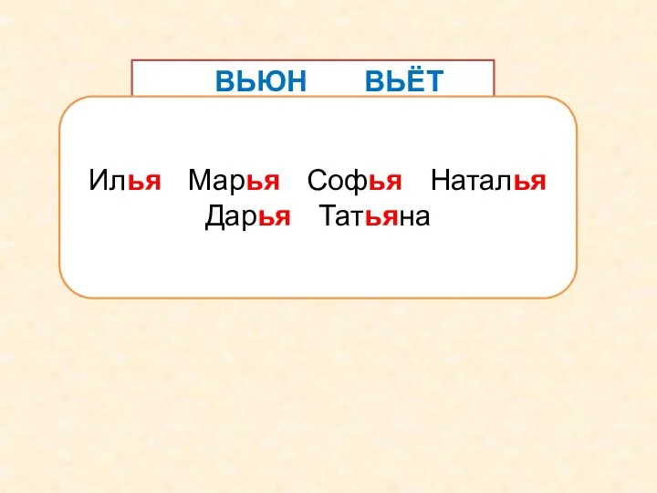 ВЬЮН ВЬЁТ ПЬЮ ПЬЮТ ЛЬЮ ЛЬЁТ БЬЮ БЬЁТ ШЬЮ ШЬЮТ Илья Марья Софья Наталья Дарья Татьяна