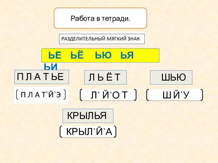 Работа в тетради. ЬЕ ЬЁ ЬЮ ЬЯ ЬИ Л` Й`О