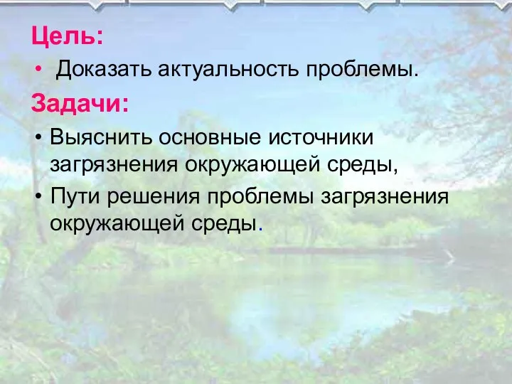 Цель: Доказать актуальность проблемы. Задачи: Выяснить основные источники загрязнения окружающей