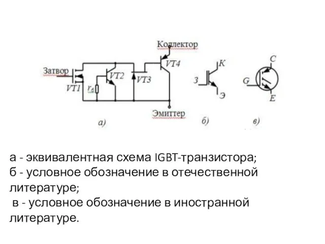 а - эквивалентная схема IGBT-транзистора; б - условное обозначение в