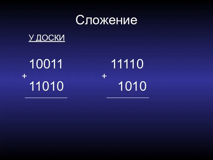 Сложение У ДОСКИ 10011 11010 + 11110 1010 +