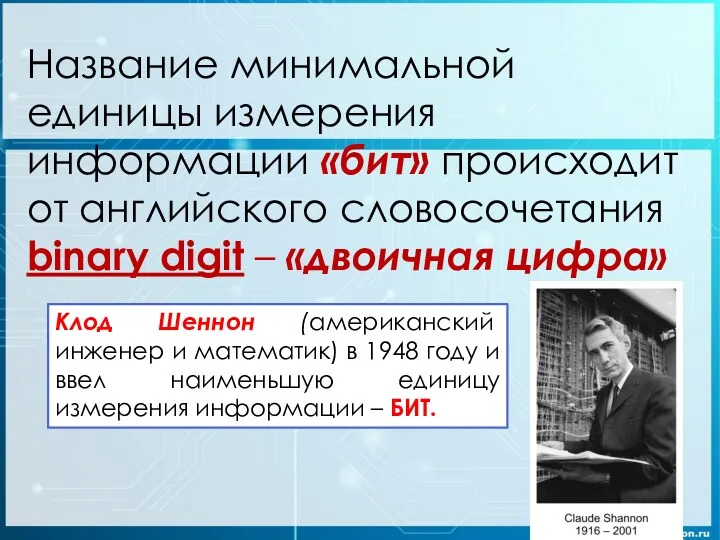 Название минимальной единицы измерения информации «бит» происходит от английского словосочетания