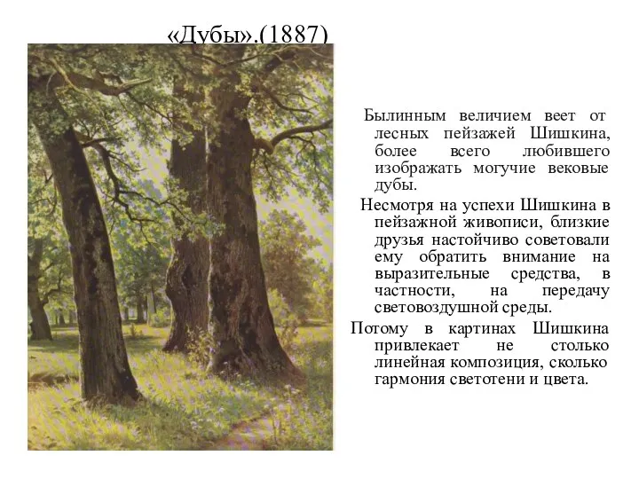 «Дубы».(1887) Былинным величием веет от лесных пейзажей Шишкина, более всего