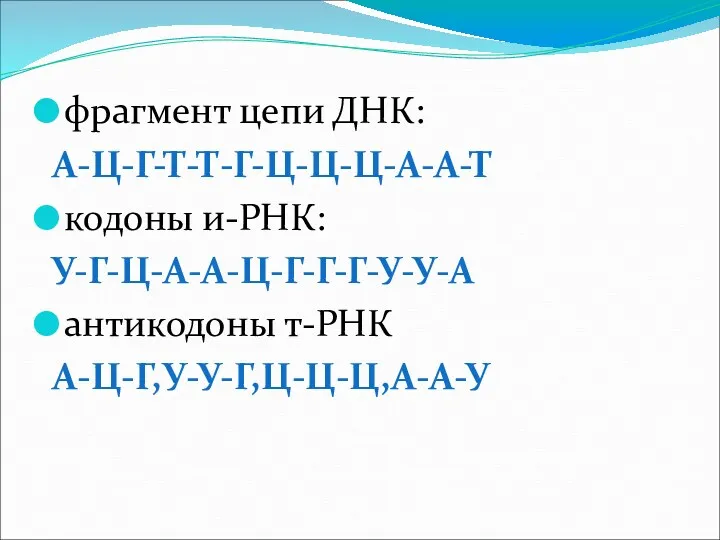 фрагмент цепи ДНК: А-Ц-Г-Т-Т-Г-Ц-Ц-Ц-А-А-Т кодоны и-РНК: У-Г-Ц-А-А-Ц-Г-Г-Г-У-У-А антикодоны т-РНК А-Ц-Г,У-У-Г,Ц-Ц-Ц,А-А-У