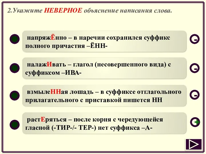 2.Укажите НЕВЕРНОЕ объяснение написания слова. напряжЁнно – в наречии сохранился