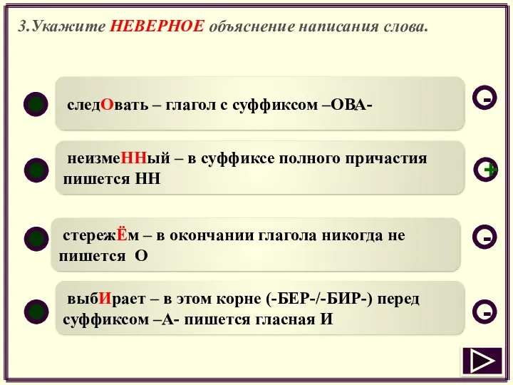 3.Укажите НЕВЕРНОЕ объяснение написания слова. следОвать – глагол с суффиксом