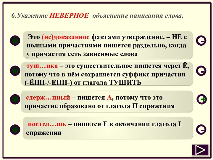 6.Укажите НЕВЕРНОЕ объяснение написания слова. Это (не)доказанное фактами утверждение. –