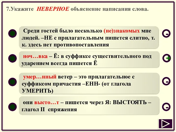 7.Укажите НЕВЕРНОЕ объяснение написания слова. Среди гостей было несколько (не)знакомых