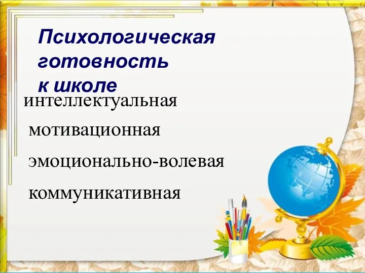 интеллектуальная мотивационная эмоционально-волевая коммуникативная Психологическая готовность к школе