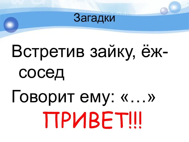 Загадки Встретив зайку, ёж-сосед Говорит ему: «…» ПРИВЕТ!!!