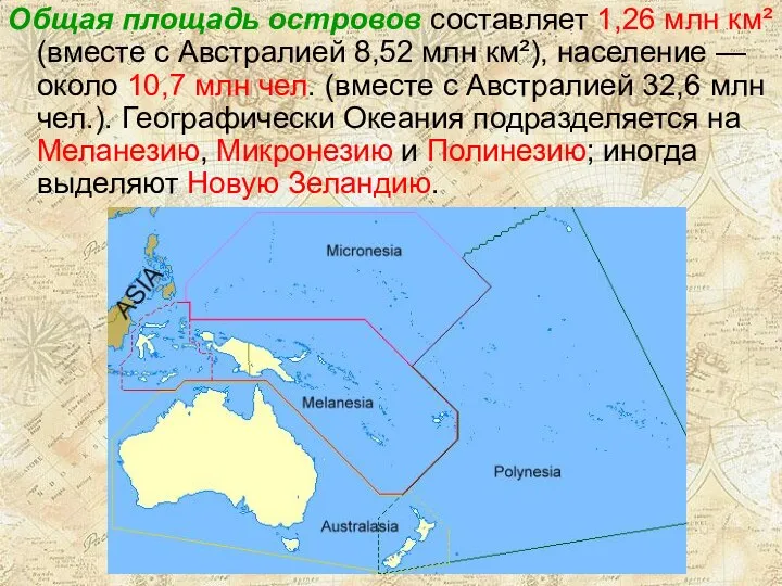 Общая площадь островов составляет 1,26 млн км² (вместе с Австралией