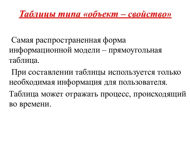 Таблицы типа «объект – свойство» Самая распространенная форма информационной модели