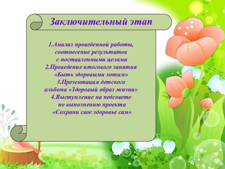 1.Анализ проведенной работы, соотнесение результатов с поставленными целями 2.Проведение итогового