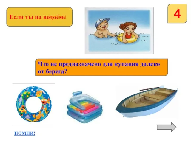 Если ты на водоёме 4 Что не предназначено для купания далеко от берега? ПОМНИ!