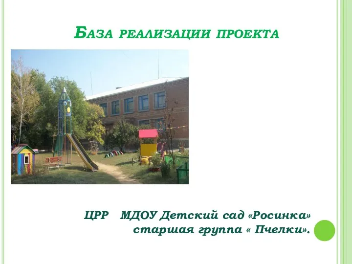 База реализации проекта ЦРР МДОУ Детский сад «Росинка» старшая группа « Пчелки».