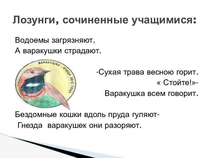 Лозунги, сочиненные учащимися: Водоемы загрязняют. А варакушки страдают. -Сухая трава