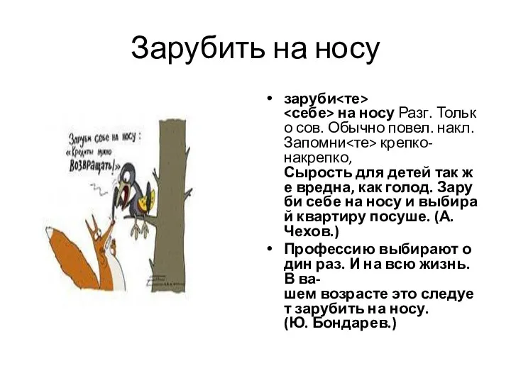 Зарубить на носу заруби на носу Разг. Только сов. Обычно