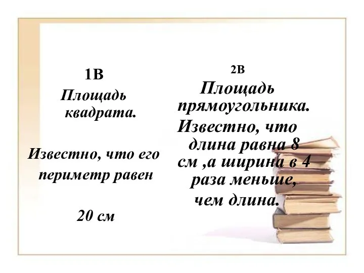 1В Площадь квадрата. Известно, что его периметр равен 20 см