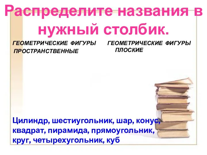 Цилиндр, шестиугольник, шар, конус, квадрат, пирамида, прямоугольник, круг, четырехугольник, куб