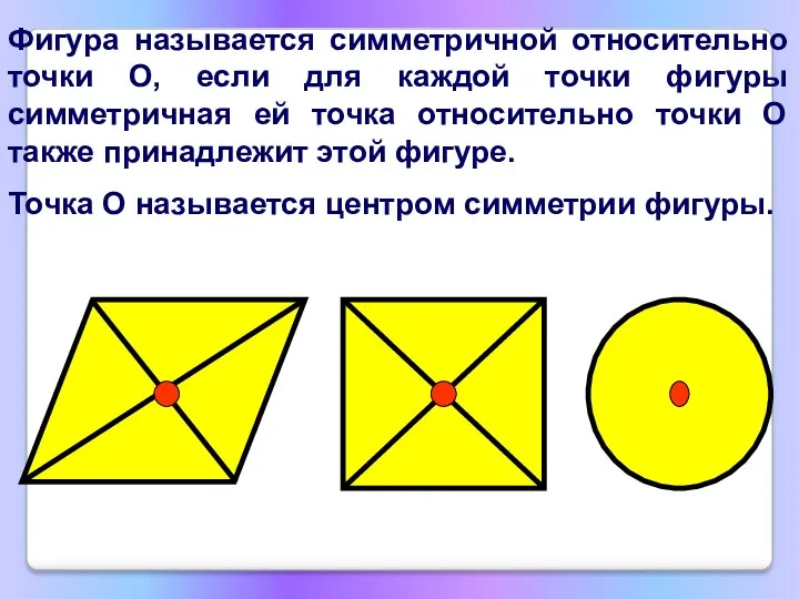 Фигура называется симметричной относительно точки О, если для каждой точки