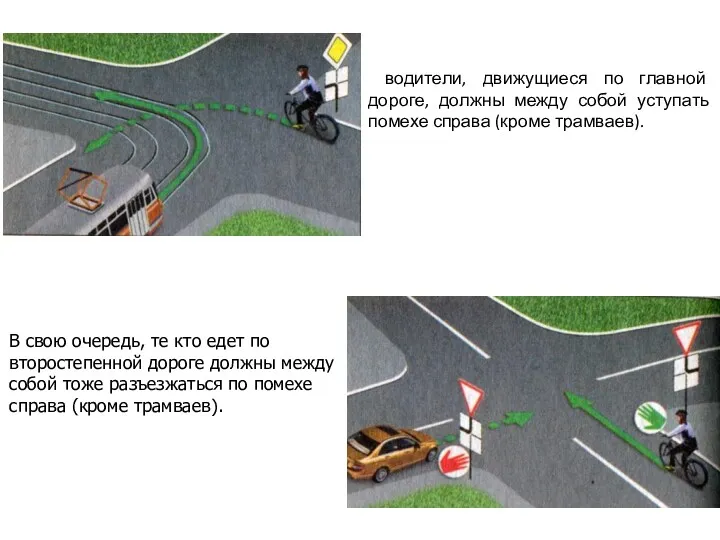 водители, движущиеся по главной дороге, должны между собой уступать помехе справа (кроме трамваев).