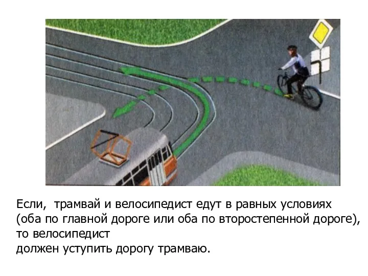 Если, трамвай и велосипедист едут в равных условиях (оба по главной дороге или