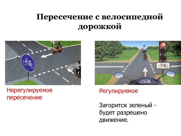 Пересечение с велосипедной дорожкой Нерегулируемое пересечение Регулируемое Загорится зеленый - будет разрешено движение.
