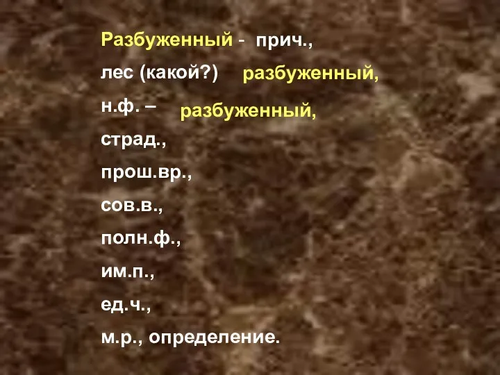 Разбуженный - прич., лес (какой?) н.ф. – страд., прош.вр., сов.в.,