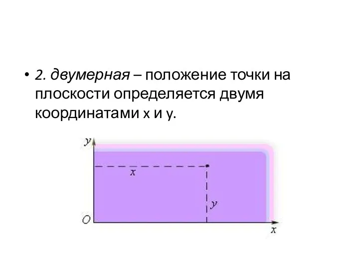 2. двумерная – положение точки на плоскости определяется двумя координатами x и y.