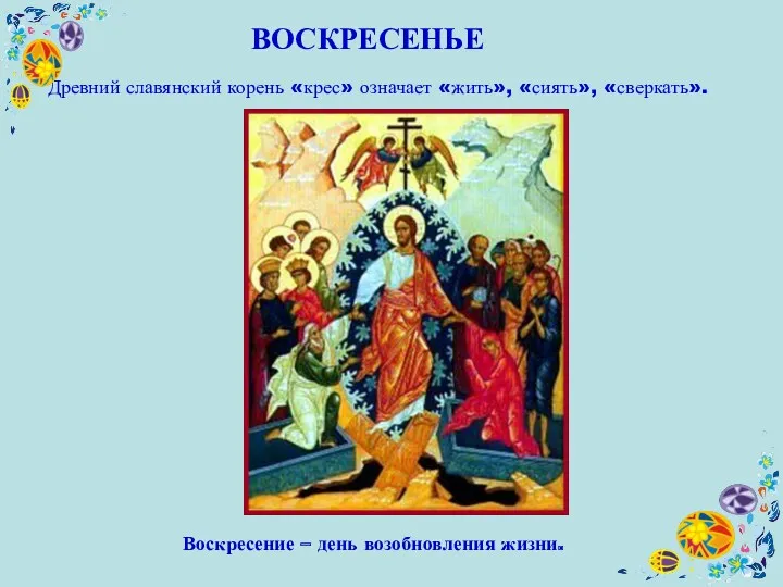 ВОСКРЕСЕНЬЕ Древний славянский корень «крес» означает «жить», «сиять», «сверкать». Воскресение – день возобновления жизни.