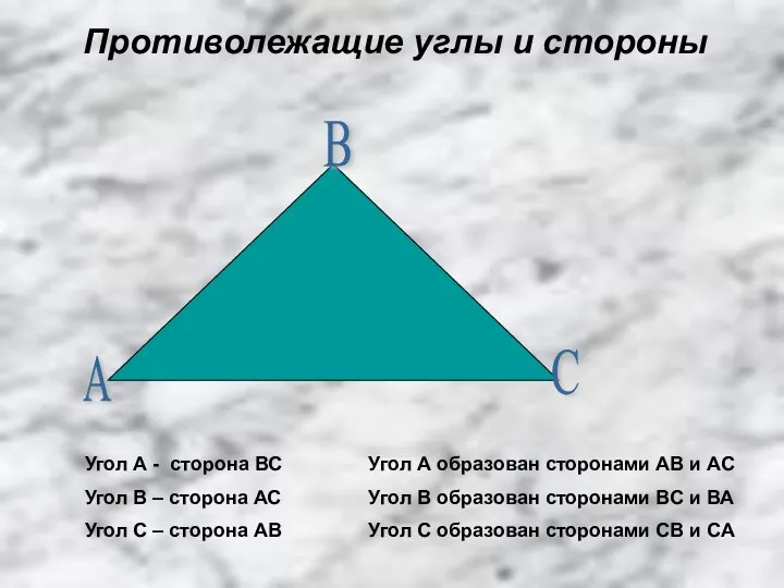 А В С Угол А - сторона ВС Угол В – сторона АС