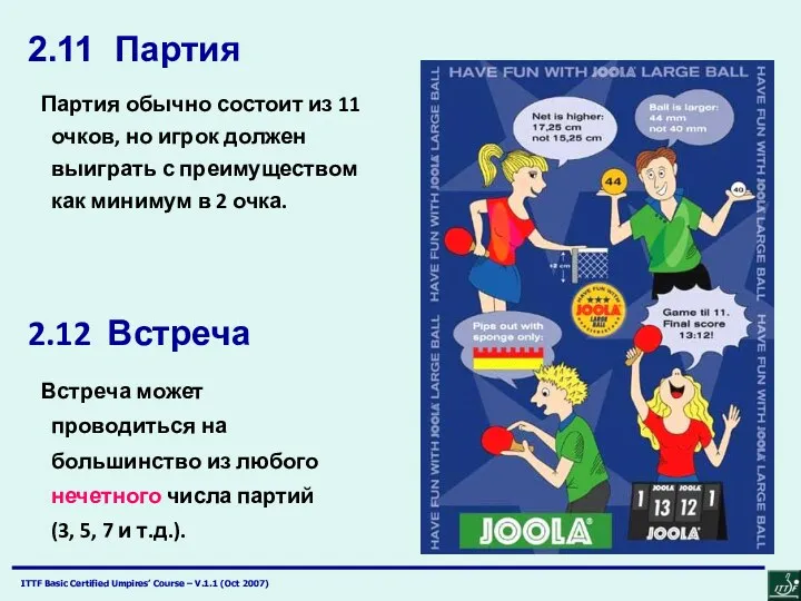 2.12 Встреча Партия обычно состоит из 11 очков, но игрок