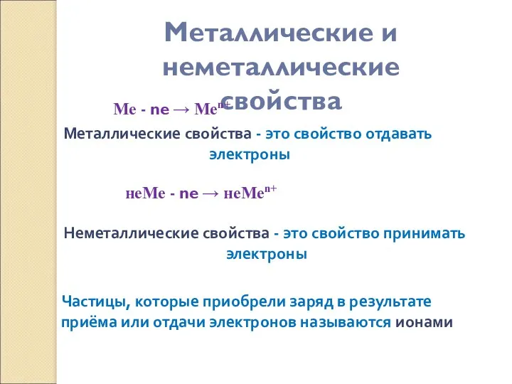 Металлические и неметаллические свойства Ме - ne → Меn+ Металлические свойства - это