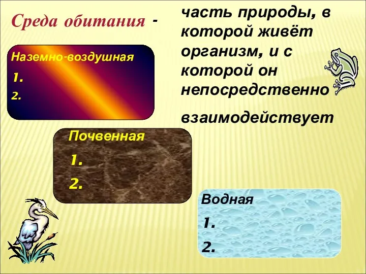 Среда обитания - часть природы, в которой живёт организм, и