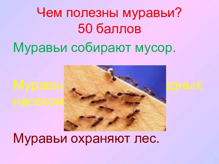 Чем полезны муравьи? 50 баллов Муравьи собирают мусор. Муравьи уничтожают вредных насекомых. Муравьи охраняют лес.