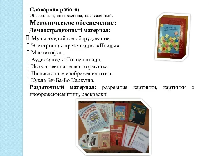 Словарная работа: Обессилили, завьюженная, завьюженный. Методическое обеспечение: Демонстрационный материал: Мультимедийное