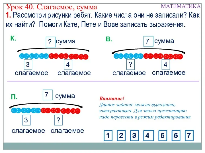 3 4 ? Урок 40. Слагаемое, сумма сумма слагаемое слагаемое