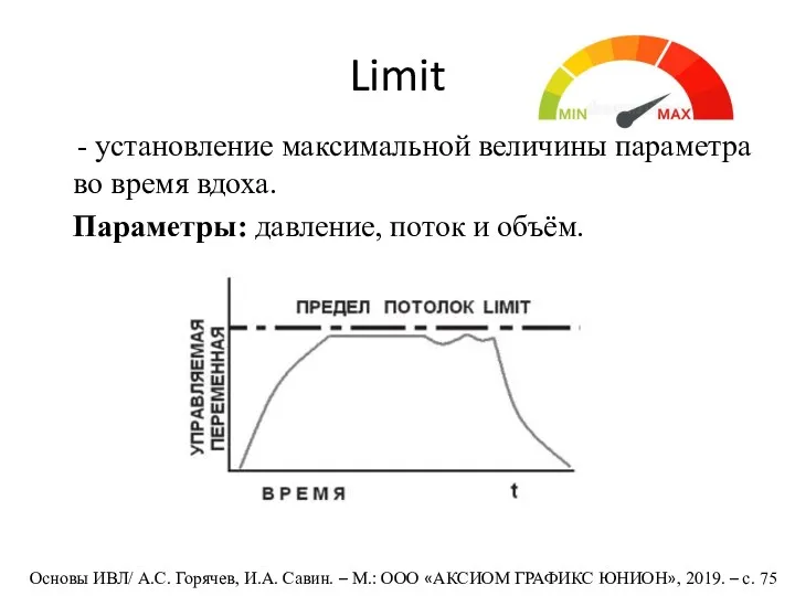 Limit установление максимальной величины параметра во время вдоха. Параметры: давление, поток и объём.
