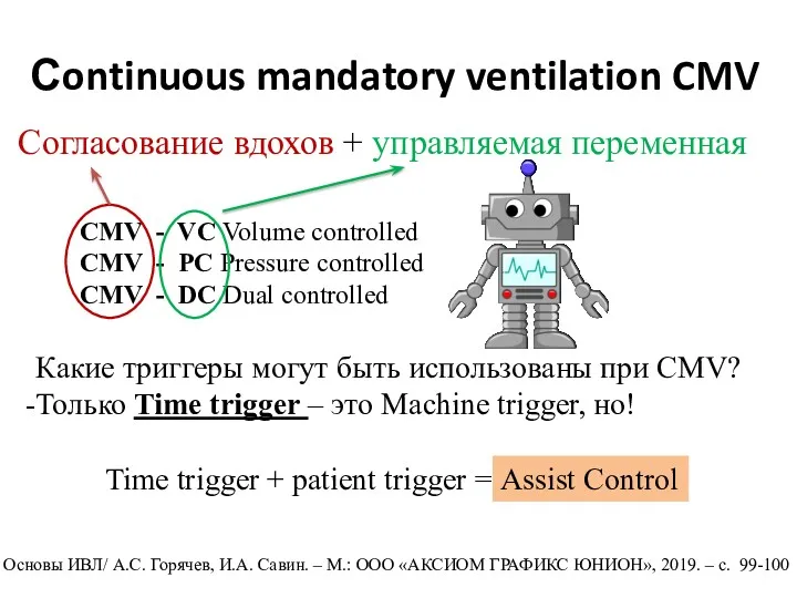 Сontinuous mandatory ventilation CMV Согласование вдохов + управляемая переменная CMV - VC Volume