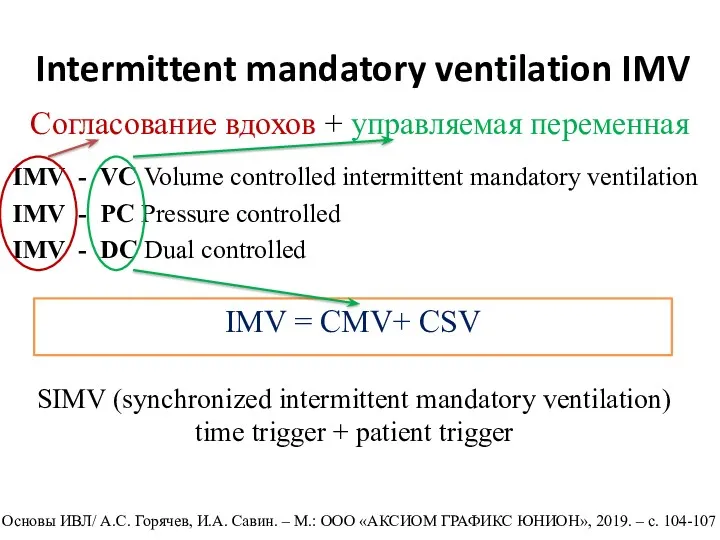Intermittent mandatory ventilation IMV IMV - VC Volume controlled intermittent mandatory ventilation IMV