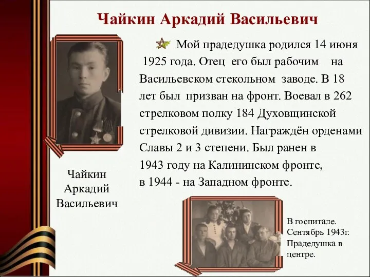 Чайкин Аркадий Васильевич Мой прадедушка родился 14 июня 1925 года.