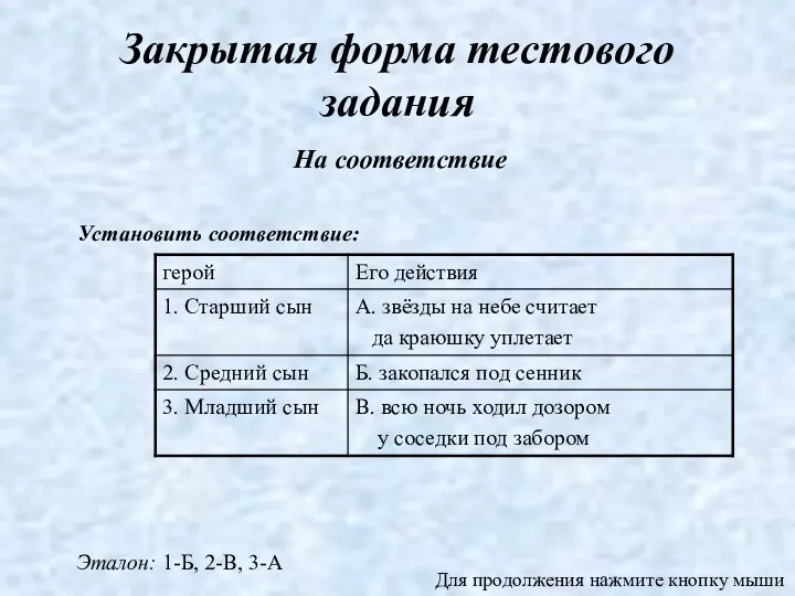 Закрытая форма тестового задания На соответствие Установить соответствие: Эталон: 1-Б, 2-В, 3-А