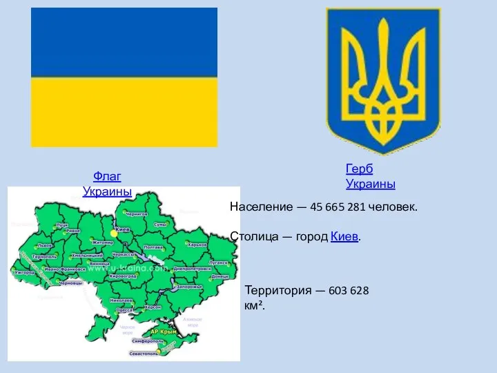 Территория — 603 628 км². Флаг Украины Население — 45
