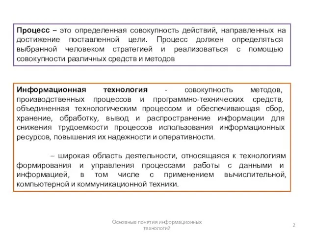 Основные понятия информационных технологий Процесс – это определенная совокупность действий,